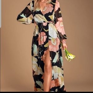 Lulus Wondrous Water Lilies Black Floral Maxi